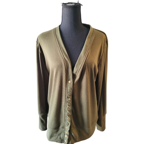 Nenona Olve Green V Neck Snap Button Long Sleeve Cardigan Size L Teacher Casual - Picture 1 of 5